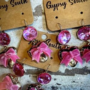 Pink and Gold Heart Earrings Gypsy South Pink Velvet Bow Gold Heart Earrings